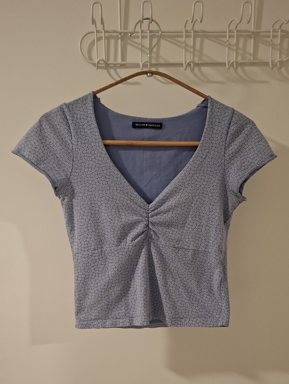 Brandy Melville Blue Ditsy Floral V-Neck Gathered Front/Milkmaid Top (XS/S)